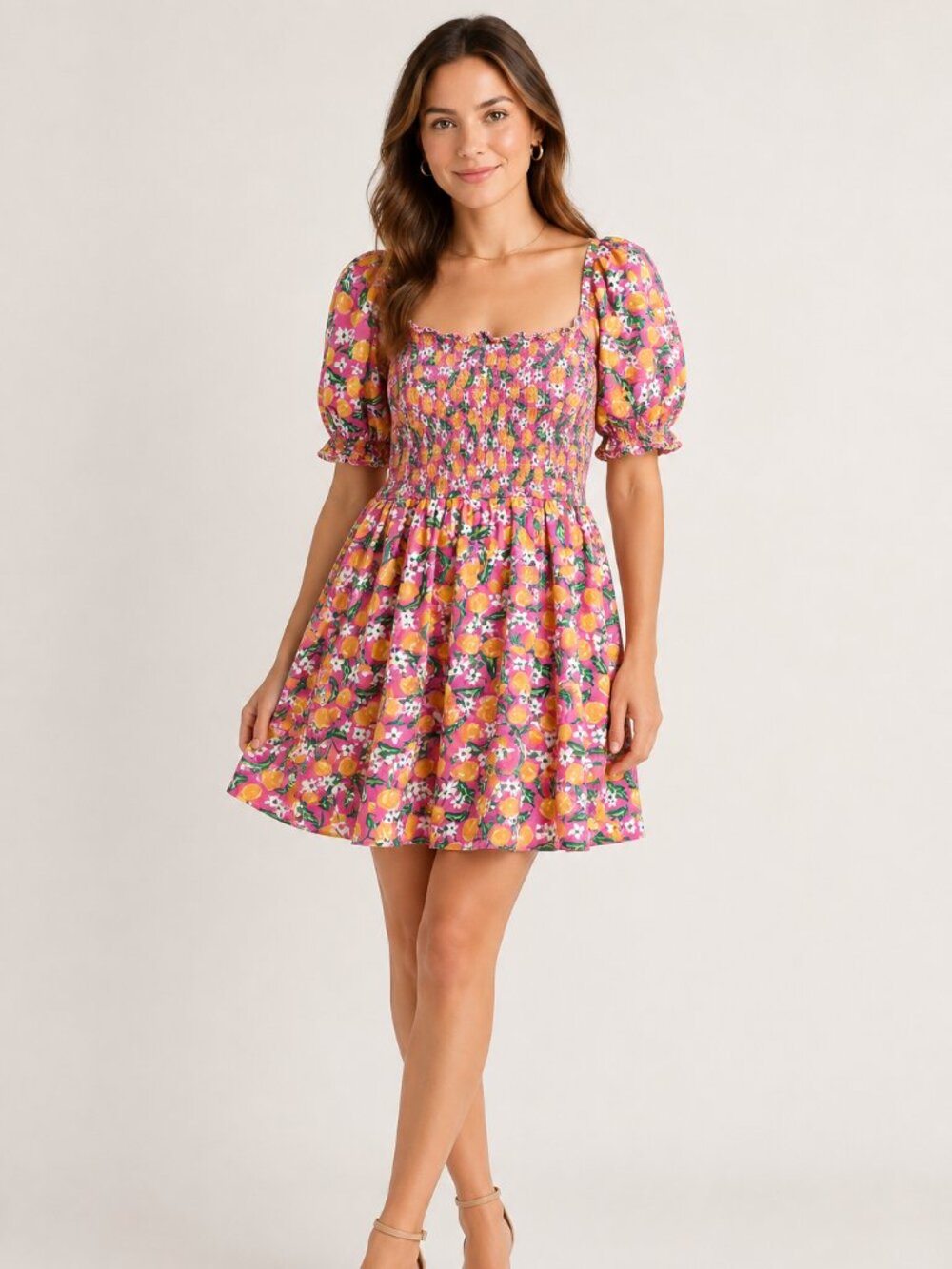 Draper James Dress 2X Pink Citrus Floral Puff Sleeve Smocked Mini